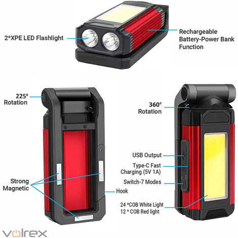 Lampe De Travail Rechargeable Puissante, Baladeuse Led Lampe Atelier Avec Base Magnétique, Lampe Torche Avec Ipx6 Étanche, 7 Modes Lampe Mecanicien Pour D'urgence, Garage Et Camping