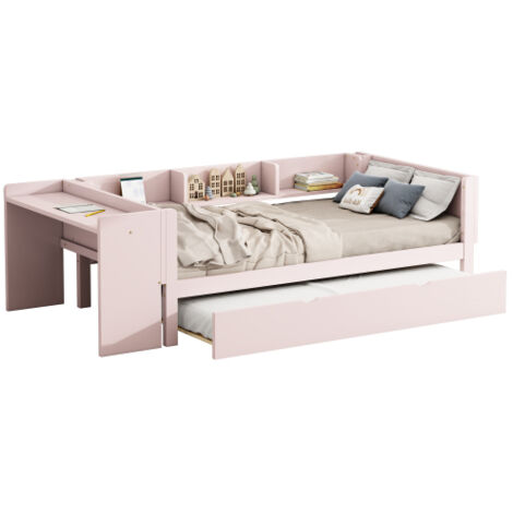 Lit Enfant 90x200cm Avec Bureau Intégré Et Lit Gigogne - Pin Massif - Rose (Sans Matelas)