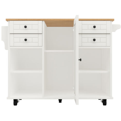 Îlot De Cuisine Mobile Avec Plateau Rabattable - 118x43x98 Cm, Rangement Spacieux, Roulettes, Design Bois Moderne