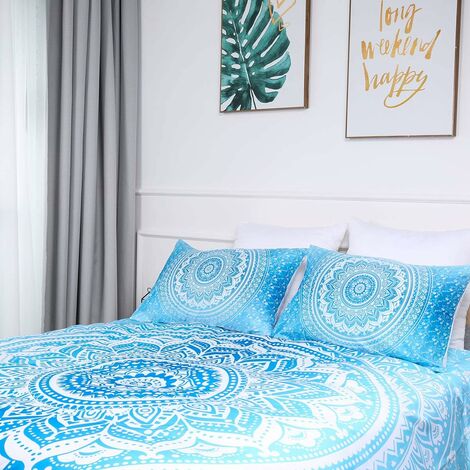 BEDDING Bohemian Parure de lit Bleu Mandala Housse de Couette Lot de 3