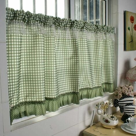 Moitié draperies transmettant la lumière,petits rideaux à carreaux vert paon,rideau bistrot de cuisine perforés sans poteau,occultant dans la chambre et le salon,1 pièce--150×60cm