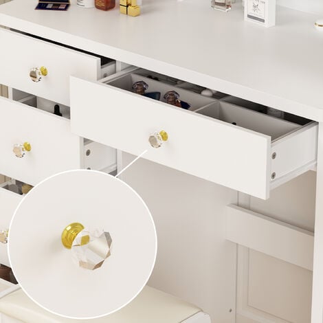 FUFU&GAGA Coiffeuse avec Miroir LED et Tabouret,Table de Maquillage avec 5 Tiroirs et Rangement, étagères,Blanc