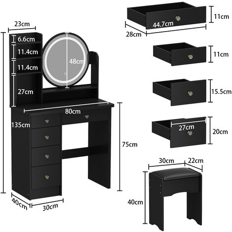 FUFU&GAGA Coiffeuse avec Miroir LED et Tabouret,Table de Maquillage avec 5 Tiroirs et Rangement, étagères,Blanc