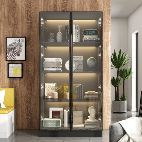 Armoire vitrine avec éclairage LED et portes en verre, vitrines pop-up design,Vitrine en verre avec 4 étagères à niveaux,Vitrine salon,Cadre aluminium,Noir,80 x 40 x 160 cm