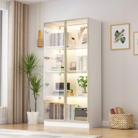 Vitrine en verre,armoire de vitrine,vitrine de salon avec lumières LED en blanc froid,blanc chaud et blanc neutre,avec quatre étagères,cadre en aluminium,porte en verre,MDF,80x40x160 cm,blanc