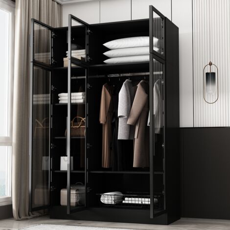 Grande Armoire Chambre 3 Portes Avec Vitrines Latérales - Bois - 233x200x60 Cm