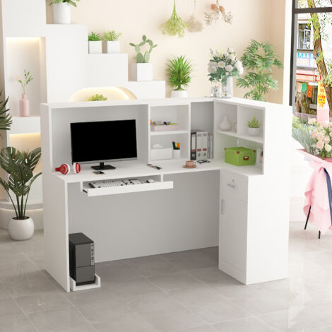 Fufu&Gaga – Comptoir de réception MDF 140 x 80 x 120 cm – 1 tiroir et 1 armoire – Étagères amovibles – Fermeture amortie des charnières