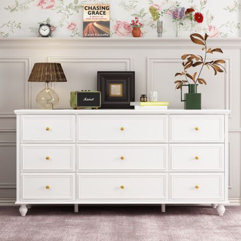 Fufu&Gaga – Commode blanche 9 tiroirs en MDF 160 x 40 x 80 cm – Poignées en métal doré – Rangement optimal pour salon (1/5)