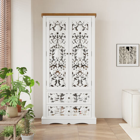 Armoire d'appoint, buffet et armoire haute avec façades sculptées blanches, HDF