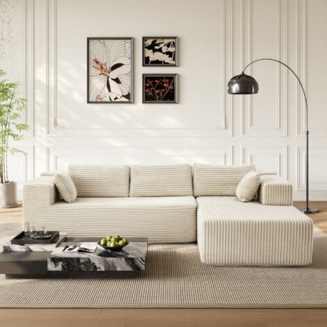 Canapé d'angle avec large méridienne, blanc, tissu + mousse, 270 × 175 × 67 cm