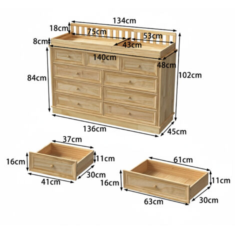 Table à Langer Et Commode En Pin Massif Miel - 3 Tiroirs - Marque Autour De Bébé