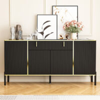 Buffet de salon 160 cm avec 1 grand tiroir,meuble de Rangement avec étagère réglable,commode à 4 portes, noir sideboard pour salon, salle à manger, chambre à coucher, noir et doré
