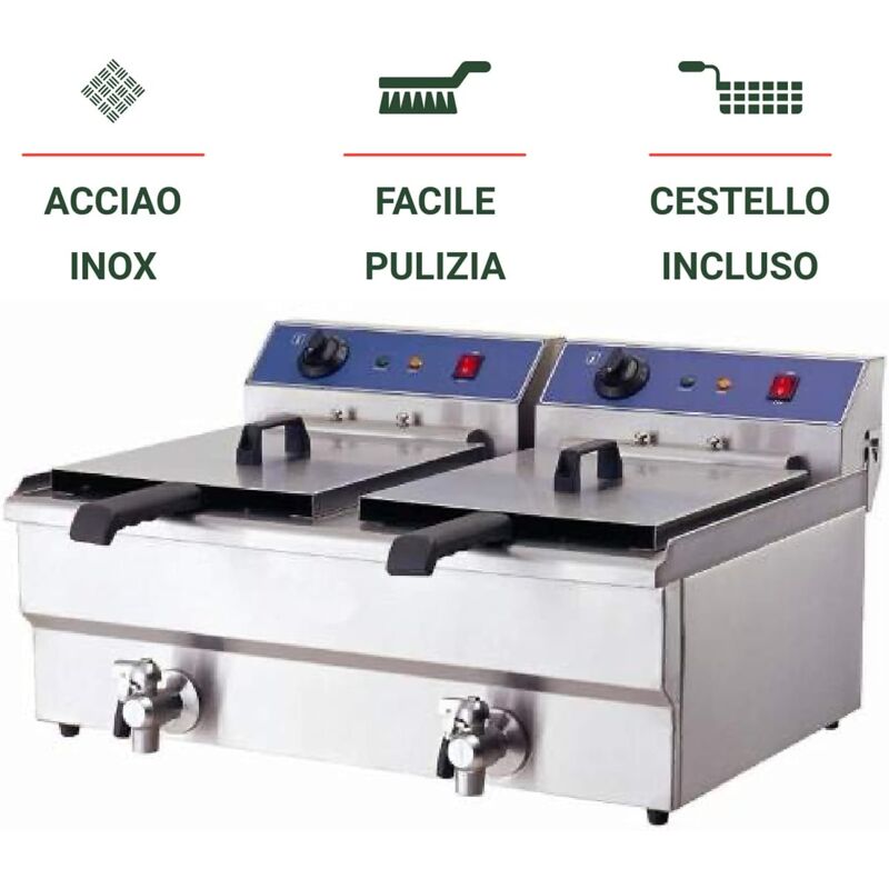 Friggitrice Elettrica professionale 16+16 litri doppia vasca in acciaio  inox per Pub Bar Ristoranti da banco - 380 Volt