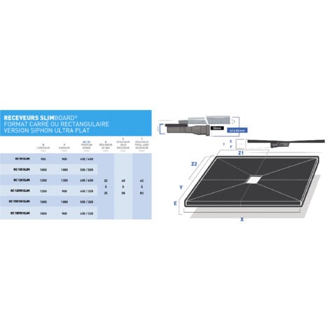 Receveur de douche à carreler ultra plat + natte étanche + siphon ultra plat - 90 x 90 cm x 22 mm