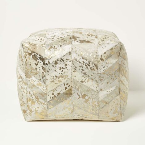 HOMESCAPES Pouf en cuir tacheté or, 50 x 50 x 40 cm (1/5)
