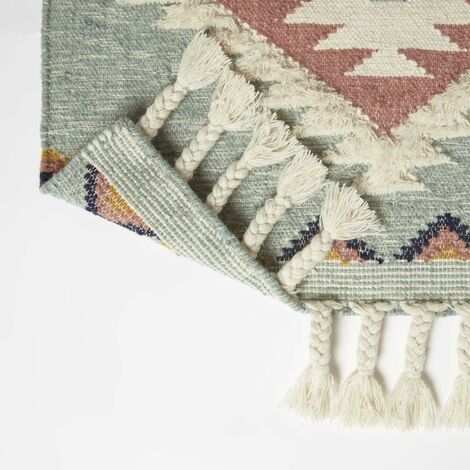 HOMESCAPES Tapis Kilim en laine bleu Tenali, 90 x 150 cm