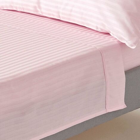 HOMESCAPES Drap plat rayé satin de coton égyptien 330 fils coloris rose 180 x 290 cm (1/5)