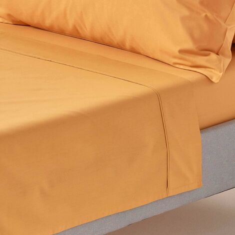 HOMESCAPES Drap plat uni 100% coton égyptien 200 fils coloris Jaune Moutarde 180 x 290 cm (1/5)