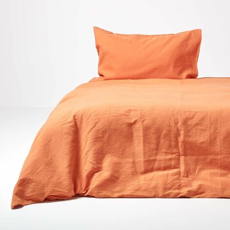 HOMESCAPES Parure housse de couette en lin lavé et taie d'oreiller Orange - 150 x 200 cm (1/5)