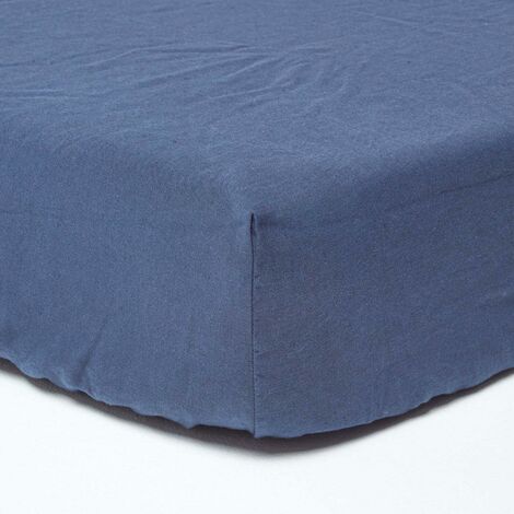 HOMESCAPES Drap-housse grand bonnet en lin lavé Bleu marine – 150 x 200 cm (1/4)