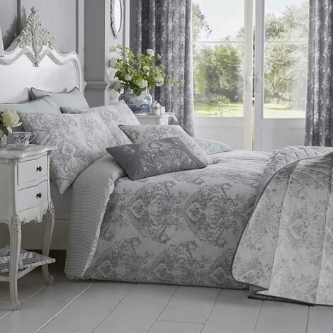 HOMESCAPES Parure de lit Gris Toile de Jouy en polycoton, 260 x 220 cm (1/5)