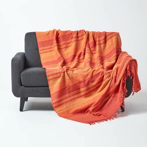 HOMESCAPES Jeté de lit ou de canapé à rayures Morocco - Orange - 225 x 255 cm