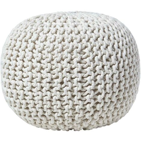 Homescapes – Pouf en tricot rond 35 cm – Coton 100% – Garnissage billes de polystyrène – Blanc cassé moderne pour intérieur