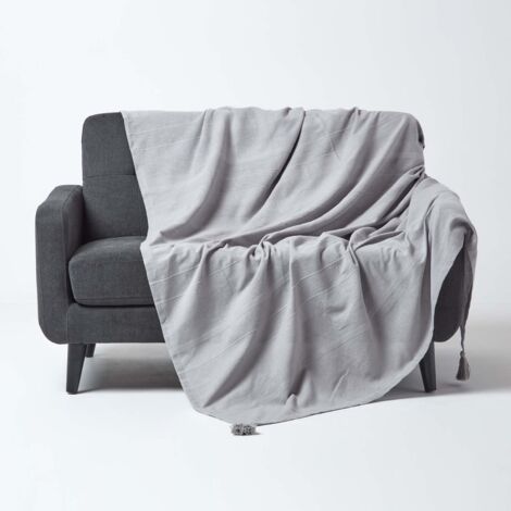 HOMESCAPES Jeté de lit ou de canapé – Rajput tissé main – Gris clair – 150cm x 200cm