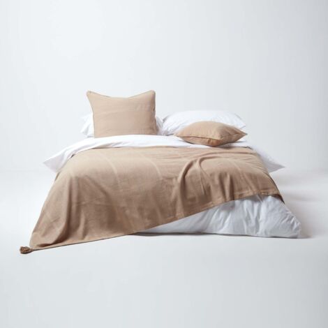 Homescapes – Jeté de lit ou de canapé en coton 100% – 255 x 360 cm – Certifié Oeko-Tex – Lavable en machine à 30°C – Beige