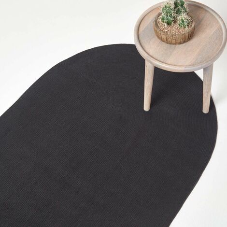 HOMESCAPES Tapis ovale tissé à plat en coton Noir, 60 x 90 cm