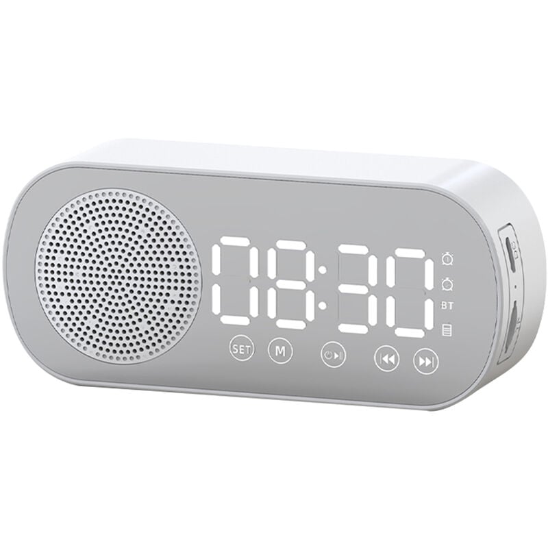 Silencioso Altavoz Bluetooth Inalámbrico Espejo LED Reloj Despertador Digital Radio FM Pantalla Grande Batería Dormitorio Sala de Estar Oficina,blanco