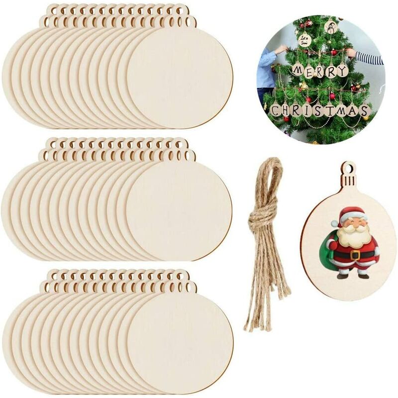 50 piezas de bolas de Navidad de madera natural, decoración de árbol de Navidad de madera, rebanadas redondas de madera para adornos colgantes de árbol de Navidad, con cuerdas