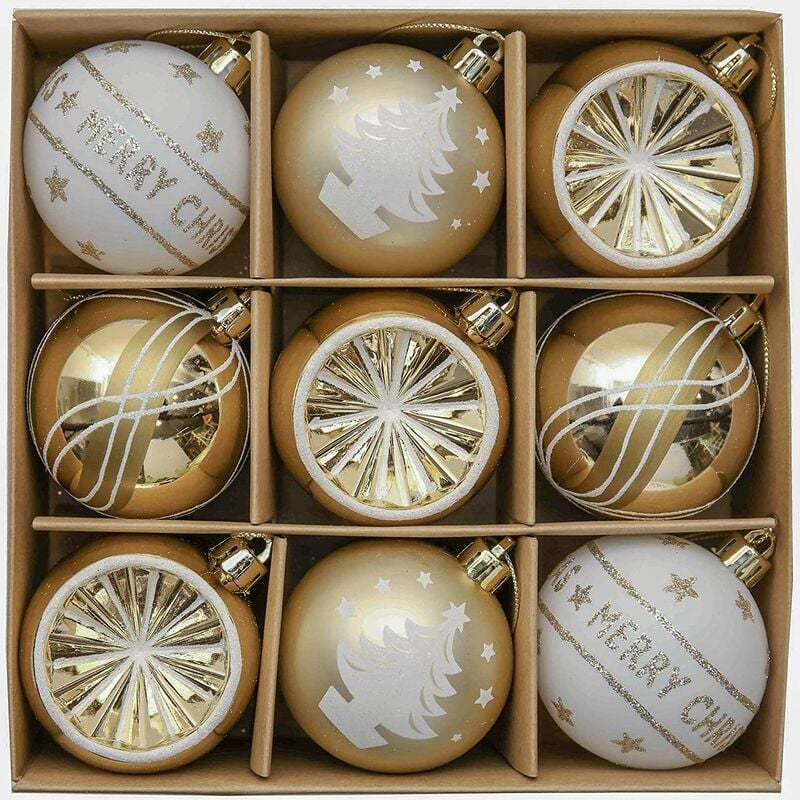 9 Uds. Adornos navideños irrompibles de 6cm, elegantes adornos navideños blancos y dorados para decoraciones de árboles de Navidad