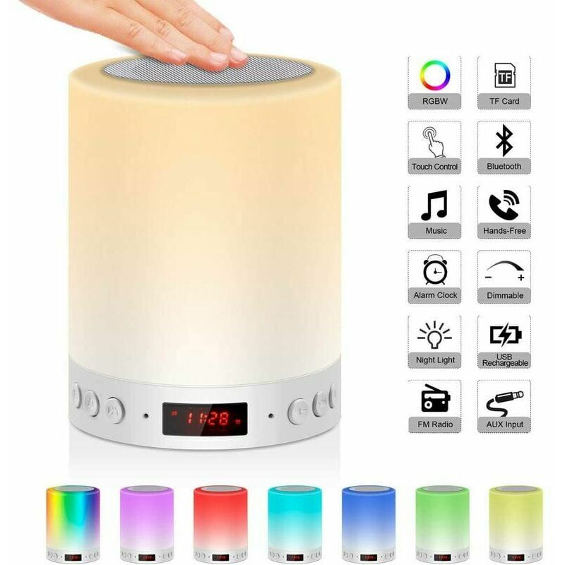 Reloj despertador con tiempo de pantalla Luz bofetada sin pegatinas Altavoz Bluetooth Altavoz Bluetooth Lámpara de noche con radio FM y reloj despertador digital con USB táctil, para dormitorio, sala