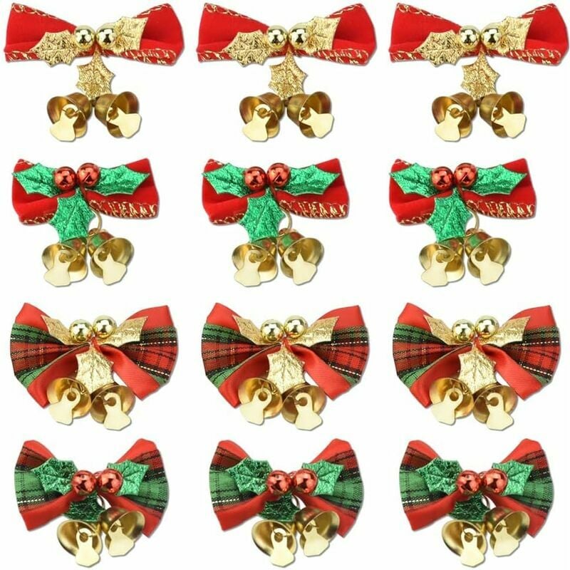 Juego de lazos de Navidad de 12 piezas con campana, lazo rojo, tela, lazos de Navidad, adornos para árboles de Navidad, lazo con campana, hierro para guirnalda decorativa de Navidad (5 x 3 cm), - 13Th