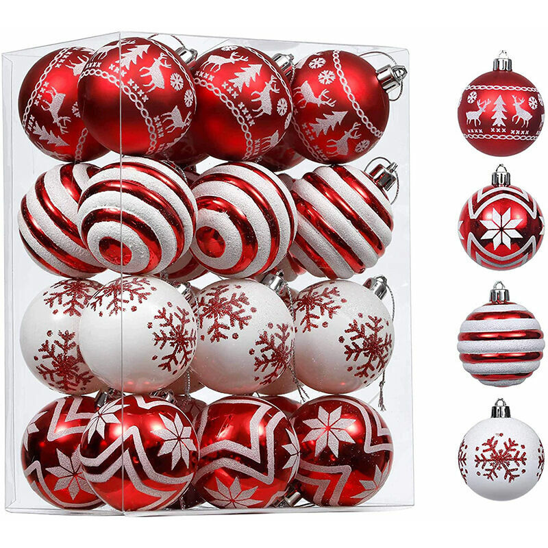 FVO-24 Piezas Bolas de Cristal para el árbol de Navidad, Bolas de Navidad Rojas y Blancas Tradicionales de 6 cm, Adornos para el árbol de Navidad Decoración de Bolas de Navidad