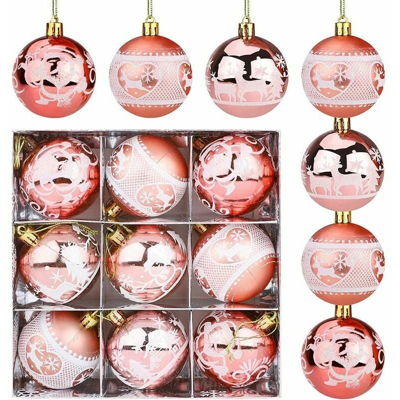 9 Bolas de Navidad de oro rosa 6 cm Adornos de Navidad Bolas inastillables Bolas de Navidad con purpurina Santa Claus Reno Bolas de árbol de Navidad Adorno de Navidad colgante para la decoración del f