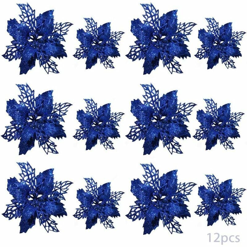 12 flores de simulación de Navidad, flor de Navidad, flor de Navidad, flor de Navidad para árbol, decoración de árbol de Navidad, flores de Navidad artificiales (azul)