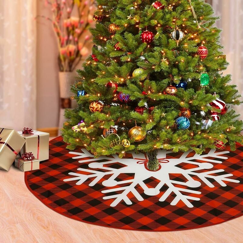 Falda de árbol de Navidad, tapete de árbol de Navidad a cuadros rojo y negro, patrón de nieve, decoración de tapete de árbol de Navidad (90 cm)