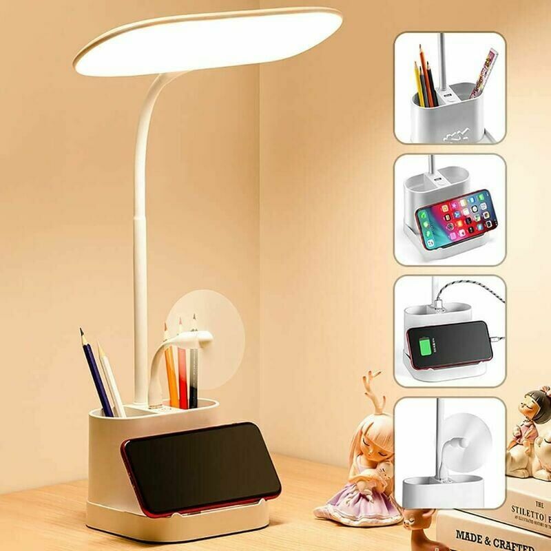 Lámpara de escritorio LED Escritorio de dormitorio con puerto de carga USB Lámpara de escritorio 2 portalápices Luces de lectura, lámpara de escritorio blanca regulable de 3 modos