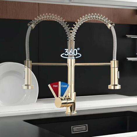 Gold Kitchen Tap, Kitchen Tap in Gold,360° Swivel Gold Kitchen Taps with Hose,Single Lever Mixer Tap with Pull Out Spray for Kitchen Sink Cold and Hot Fittings