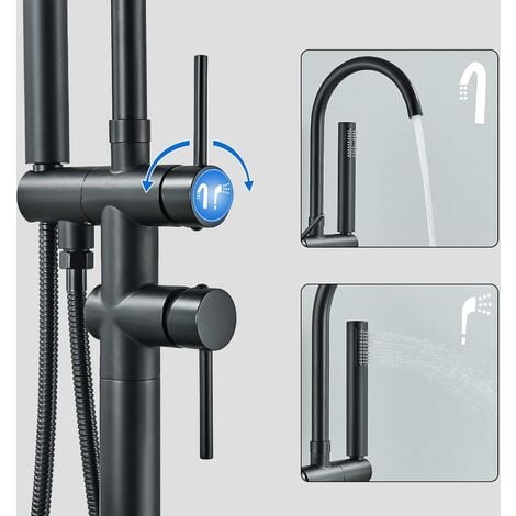 Freestanding Bathtub Faucet Bathroom Filler Faucet Two Handle Floor Stand Black with Hand Shower