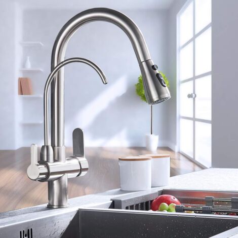 3 Way Kitchen Faucet, 3-in-1 Mixer Tap for Water Filter, 360° Rotating Kitchen Faucet, Extendable Kitchen Faucet with Spray Head, Drinking Water Faucet with 2 Levers, Chrome
