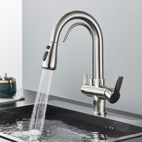 360 ° rotating kitchen faucet, 3-way kitchen mixer with 2 handles, withdrawable kitchen shower, hot and cold water sink, water filter, mixer faucet - brushed nickel