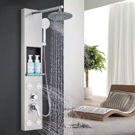 4-in-1, 2-Jet Shower Panel Tower System With LED LED Rainfall Waterfall Shower Head, And Massage Body Jets In Black