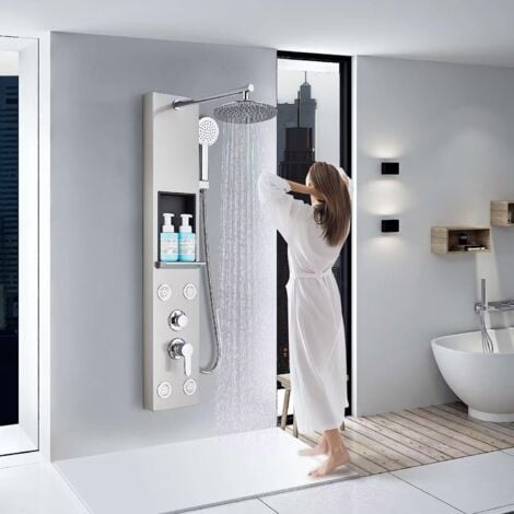 BWE 5-Jet Rainfall Shower Panel System With Rainfall Shower Head And Shower Wand Shower Tower With Led Light In Matte Black Ytp26 Black