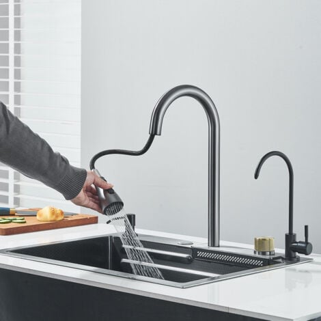 Kitchen Sink Stainless Steel 60x45 Tap Hot Water Cold Cascade Dispenser Soap Trays Cup Washer Cutting Table Accessories All Connections Installation
