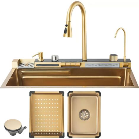Kitchen Sink Stainless Steel 201 Golden Brushed,With Extractable Faucet,Pure Water Faucet,Single Large Slot,Integrated Digital Display Faucet Set,Sink Accessories,75x45cm