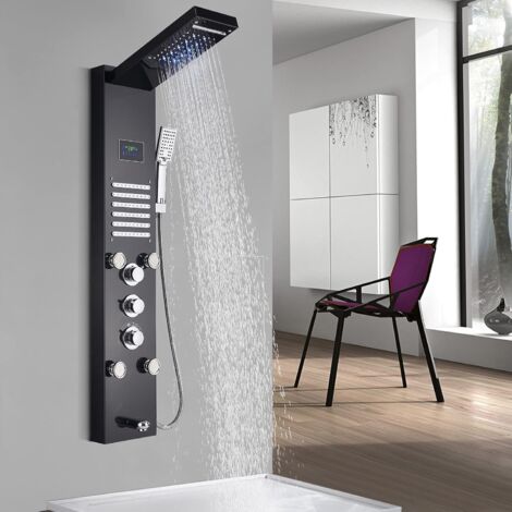 Shower Panel System - 5 Modes Shower Column with LED Rain＆Mist, 4 Massage Body Jets, Handset and Bath Spout, 304 Stainless Steel, Brushed