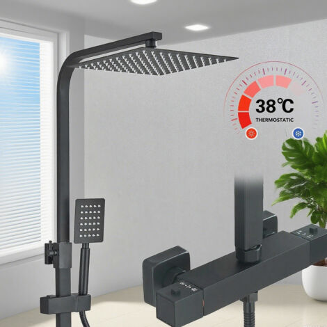 Thermostatic Shower Mixer Set with 8" Square Rainfall Shower Head Square Shower Head with Anti-Leak Hose, Anti-Scald,Easy Install (Black)
